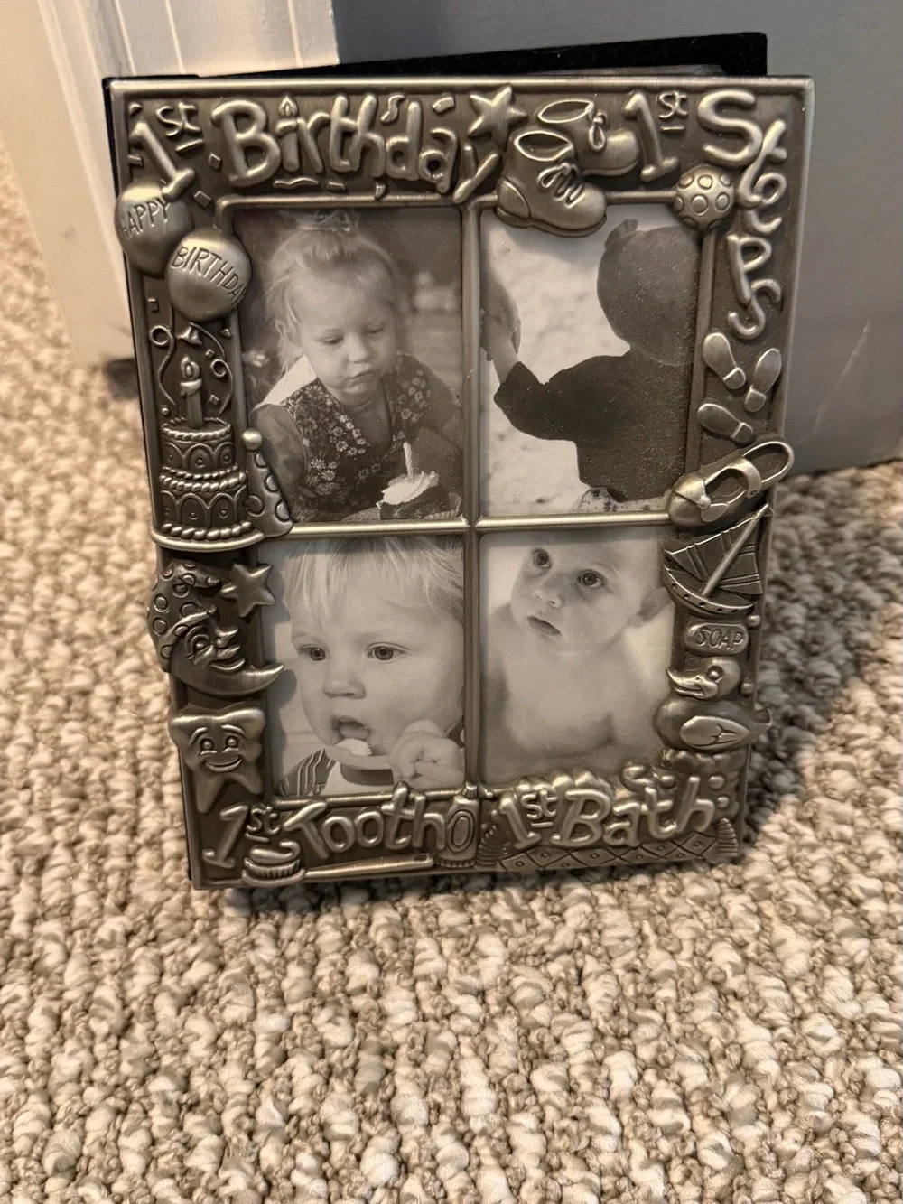 Silver 4-Opening Baby Firsts Photo Frame with attached photo book
